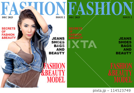 beautiful asian woman with jeans fashion on fashion magazine cover and green background magazine cover beautiful asian woman with jeans fashion on fashion magazine cover and green background magazine cover 114523749