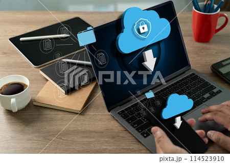 Backup concept Business Transfer files receiver and computer backup copy to Database storage cloud technology Backup concept Business Transfer files receiver and computer backup copy to Database storage cloud technology 114523910