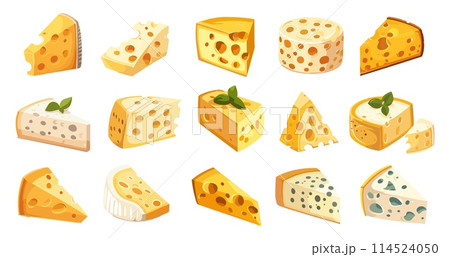 Different cheese types. Yellow cheese. Peace of cheese. Isolated vector set 114524050