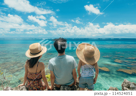 夏の海辺で珊瑚礁の海を眺める家族 夏の海辺で珊瑚礁の海を眺める家族 114524051