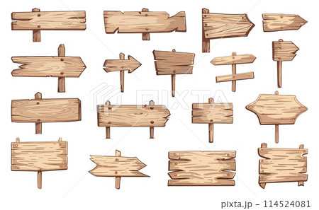 Blank wooden planks or signboards set. Signs for messages or pointers with arrow. Pathfinders 114524081