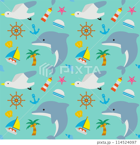 夏の素材：イルカとカモメ、夏アイコンのかわいいシームレスパターン 114524097