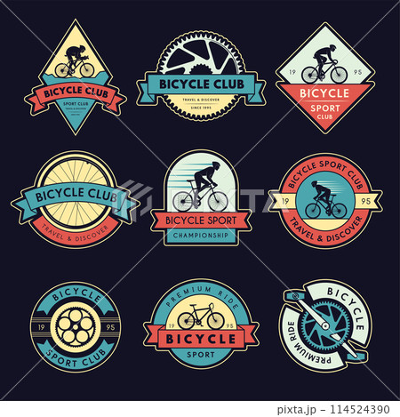 Bicycle badges. Set emblem for bike cycling recent vector gears wheels bicycle parts 114524390