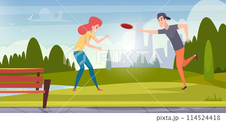 Frisbee active sport characters playing outdoor in urban park frisbee players 114524418