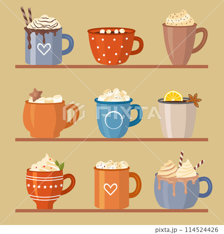 Coffee cups different utensils for hot drinks decorative mugs on kitchen shelves 114524426
