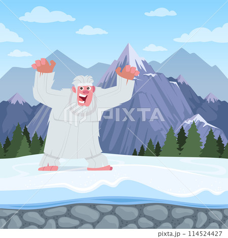 Bigfoot snow background with mountain and bigfoot angry character in action pose 114524427