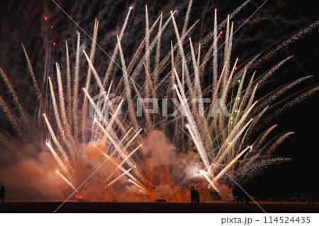 Vibrant fireworks illuminate the desert night sky in a captivating display of white, yellow, and red bursts. Spectacular scene at a music and art festival. 114524435