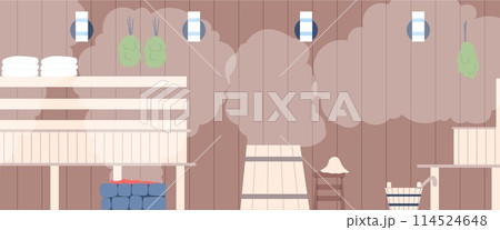 Sauna wooden interior. Hammam with fog, wood barrel for relax. wellness therapy, zone for spa procedures. steam room flat vector background 114524648