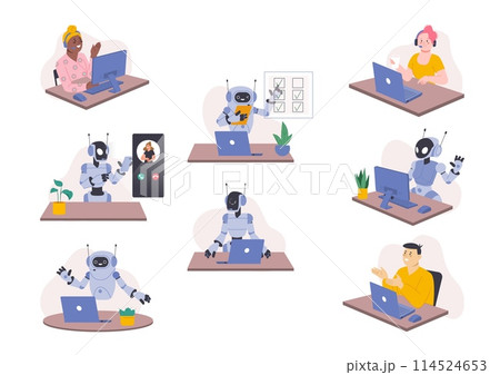 Chatbot customer support. Robots and people working in office together. Android in call center supporting client, splendid vector cartoon scenes 114524653