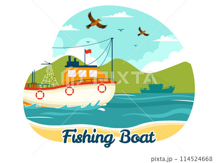 Fishing Boat Vector Illustration with Fishermen Hunting Fish Using Ship at Sea in Flat Cartoon Background Design Fishing Boat Vector Illustration with Fishermen Hunting Fish Using Ship at Sea in Flat Cartoon Background Design 114524668