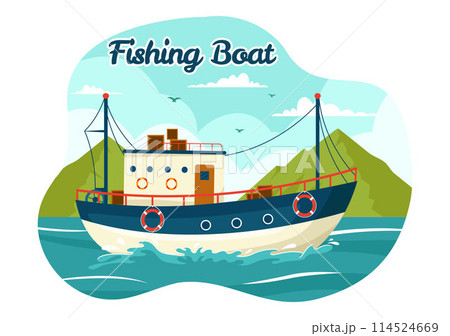 Fishing Boat Vector Illustration with Fishermen Hunting Fish Using Ship at Sea in Flat Cartoon Background Design 114524669