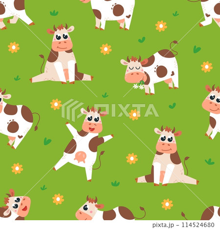 Cow seamless pattern. Cartoon cows, funny dairy farm characters. Textile, wrapping, apparel design childish print template, classy vector background 114524680