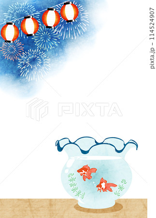 暑中見舞いはがき、金魚、花火、イラスト、水彩、かわいい、縦 暑中見舞いはがき、金魚、花火、イラスト、水彩、かわいい、縦 114524907
