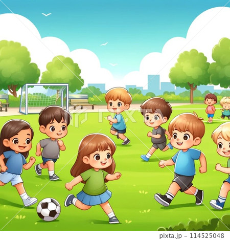 公園でサッカーをする子供たち 114525048