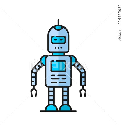 Game futuristic droid, retro robot, alien humanoid virtual bot thin line color icon. Industry future machine humanoid robot, autopilot artificial intelligence bot or alien cyborg outline vector symbol 114525080
