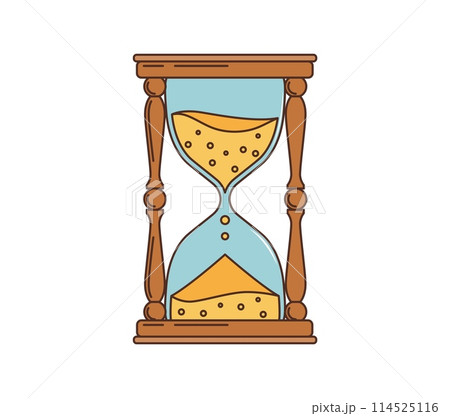 Groovy retro cartoon hourglass or sandglass in 70s hippie art, vector symbol. Groovy hourglass or sand clock for summer sticker patch of trendy vintage funky hippie art of 60s and 80s graphic, 114525116
