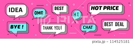 Memphis speech bubbles and message clouds with text, vector thin line frames. Message bubbles for sale hot price and best deal, OMG and Hi or Thank you and Idea speech clouds in Memphis style Memphis speech bubbles and message clouds with text, vector thin line frames. Message bubbles for sale hot price and best deal, OMG and Hi or Thank you and Idea speech clouds in Memphis style 114525181