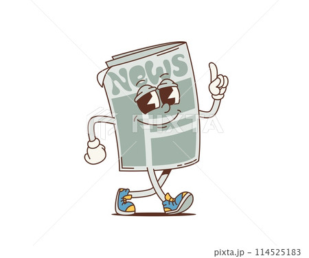 Cartoon retro newspaper groovy character with happy smiling face. Vector vintage cute printed media news paper personage. Hippie psychedelic page of daily newspaper with attention hand gesture 114525183