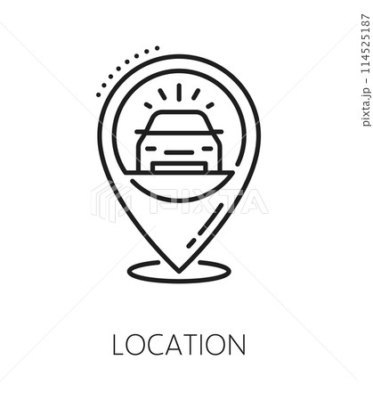 Car company, auto dealer, dealership linear icon. Car search dealership, automobile dealer or official center thin line vector symbol. Auto distributor linear pictogram or sign with navigation pin 114525187