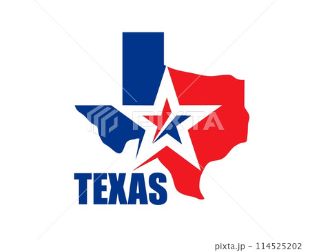 Texas state symbol, map icon with flag and star. Red, white and blue vector silhouette of Texas map in colors of lone star state flag. South Central region of USA country badge or t-shirt print Texas state symbol, map icon with flag and star. Red, white and blue vector silhouette of Texas map in colors of lone star state flag. South Central region of USA country badge or t-shirt print 114525202