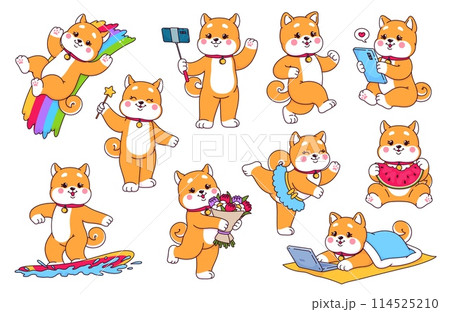Cartoon Japanese happy Shiba Inu puppy dog characters and cute kawaii pets, vector personages. Happy Shiba Inu puppy dogs on rainbow with flowers, dancing or magic wand and chatting on mobile phone 114525210