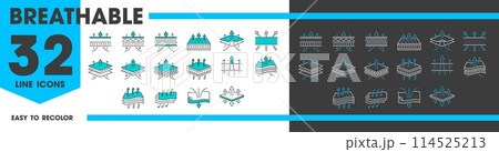 Breathable material line icons of fabric fiber layers, vector air arrows. Breathable fabric pictogram icons for airflow technology in cotton textile, diaper or clothing and mattress membrane layer 114525213