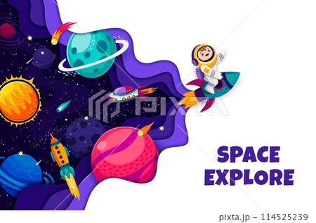 Space explore paper cut banner. Kid astronaut on space rocket. Universe exploration, outerspace travel vector horizontal banner with boy spaceman cartoon character flying on spaceship, galaxy planets 114525239