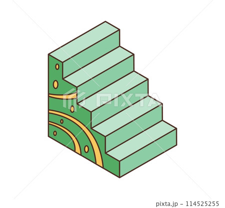Green stairs retro groovy element or symbol. Isolated vector ladder in vintage hippie style, series of steps for vertical movement between different levels in a building, providing accessibility 114525255