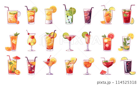 Refreshing Cartoon Summer Cocktails. Vector Set of Exotic Tropical Drinks in Various Glasses for Beach Parties, Cocktails, Bar Menus, and Vacation Vibes Refreshing Cartoon Summer Cocktails. Vector Set of Exotic Tropical Drinks in Various Glasses for Beach Parties, Cocktails, Bar Menus, and Vacation Vibes 114525318