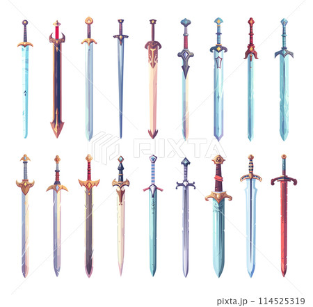 Medieval Cartoon Knights Swords. Brave Knight Sword Collection. Isolated Vector Set of Cartoon Swords for Medieval, Fantasy, and Adventure Themes Medieval Cartoon Knights Swords. Brave Knight Sword Collection. Isolated Vector Set of Cartoon Swords for Medieval, Fantasy, and Adventure Themes 114525319