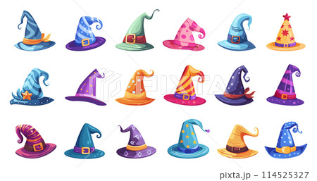 Cartoon Witch Hat Styles. Icons Set, Depicting Hats of Different Colors, Shapes, and Patterns on White Background for Halloween, Costume, Fantasy, Witchcraft, Magic, Sorcery Spooky and Magical Themes 114525327
