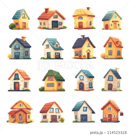 Cartoon Tiny Houses in Various Sizes and Colors Icon Set on White Background for Housing, Real Estate, Architecture, and Neighborhood Concepts. Vibrant Miniature Homes. 114525328