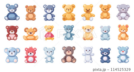 Cartoon Teddy Bears. Icon Set of Soft Toys for Babies in Simple Flat Style on White Background for Infant, Toddler, Plush, Stuffed Animal, and Toy Concepts 114525329