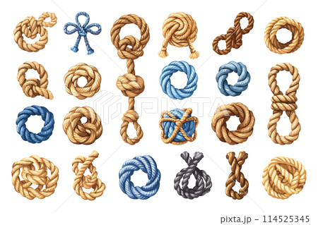 Cartoon Rope Knot Varieties. Isolated Vector Set of Cartoon Nautical Knots in Simple Flat Style for Maritime, Seafaring, Oceanic, Knot Tying, Boating, Sailing, Navigation, and Marine Concepts Cartoon Rope Knot Varieties. Isolated Vector Set of Cartoon Nautical Knots in Simple Flat Style for Maritime, Seafaring, Oceanic, Knot Tying, Boating, Sailing, Navigation, and Marine Concepts 114525345