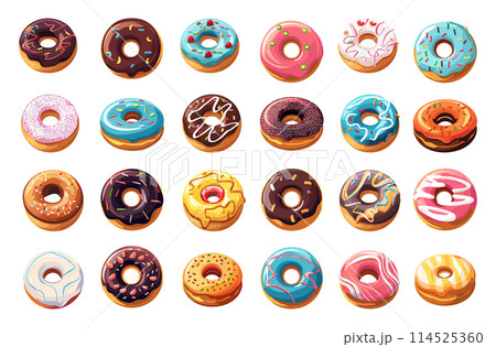 Cartoon Donuts. Icon Set in Simple Flat Style on White Background for Breakfast, Snack, Bakery, Confectionery, Dessert, Pastry, Sweet Treats, Food, Delicious, Tempting, and Culinary Themes Cartoon Donuts. Icon Set in Simple Flat Style on White Background for Breakfast, Snack, Bakery, Confectionery, Dessert, Pastry, Sweet Treats, Food, Delicious, Tempting, and Culinary Themes 114525360