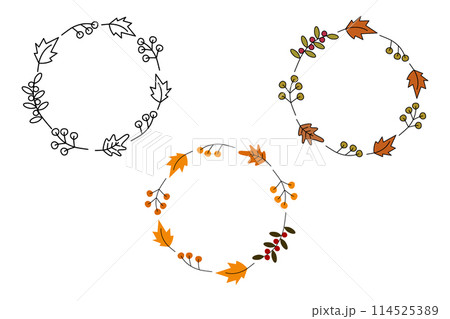 Colorful and outline Circular Frames of Autumn Leaves and twigs berry Set of 3 Template Copy space  114525389