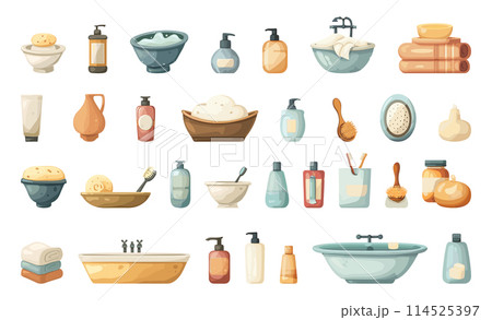 Cartoon Bath Treatments. Icon Set in Simple Flat Style for Shower, Bath, Relaxation, Wellness, Spa, Hygiene, Personal Care, Self-Care, Pampering, and Bathroom Concepts 114525397