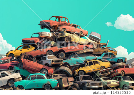 スクラップされる山積みのクルマ 114525530