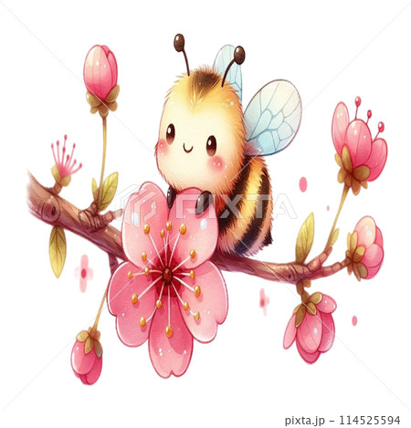 Bee on cherry blossomsのイラスト素材 [114525594] - PIXTA