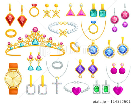 Cartoon jewelry items. Isolated jewellery trendy gift accessories, gold necklace pendant pearl bracelet diamond tiara rings earrings for lady girl ingenious set vector illustration 114525601