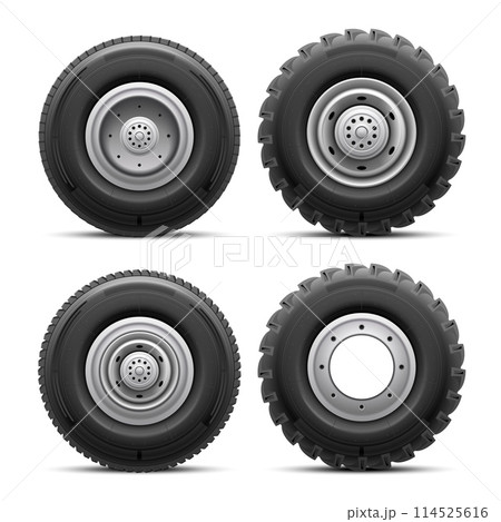 Realistic truck tires. Big tire lorry 4x4 car...のイラスト素材 [114525616] - PIXTA