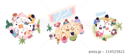 People at table top view. Educational group roundtable preparation exam, business team meeting and family dinner eat together 114525621