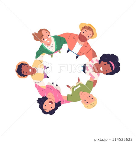 Hugging people looking up. Huddle friends or employee team in circle top view, multicultural hug people together overhead round, inclusion student trust classy vector illustration 114525622