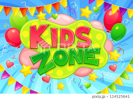 Kids zone banner. Little kid playground game area playroom party funny label, cartoon font decoration background for children entertainment education 114525641