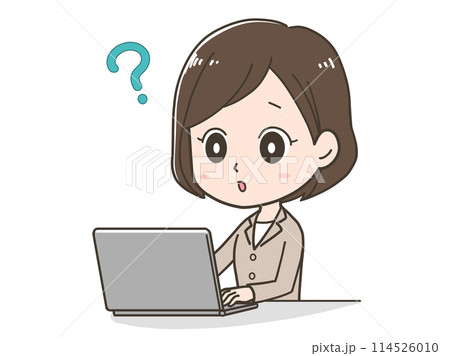 パソコンの前で疑問に思うビジネスウーマンのイラスト 114526010