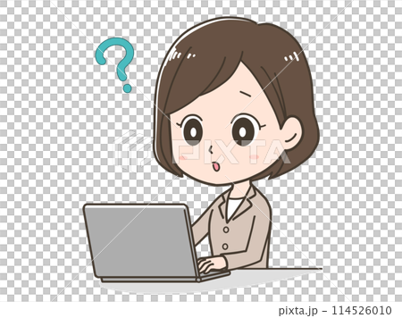 Illustration of a business woman wondering in front of a computer 114526010