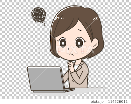 Illustration of a business woman worried in front of a computer 114526011
