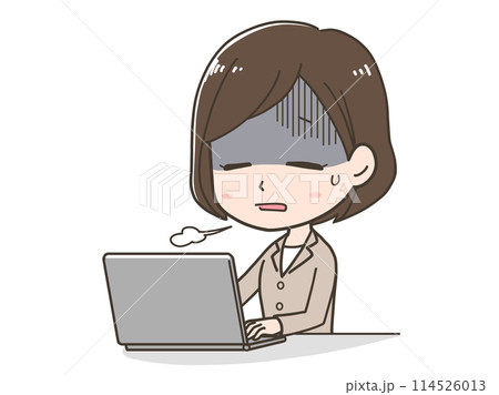 パソコン作業で疲れたビジネスウーマンのイラスト パソコン作業で疲れたビジネスウーマンのイラスト 114526013