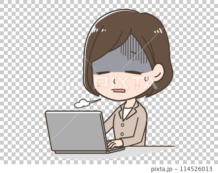 パソコン作業で疲れたビジネスウーマンのイラスト パソコン作業で疲れたビジネスウーマンのイラスト 114526013