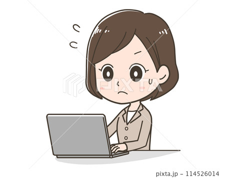 パソコンで忙しく仕事をするビジネスウーマンのイラスト パソコンで忙しく仕事をするビジネスウーマンのイラスト 114526014